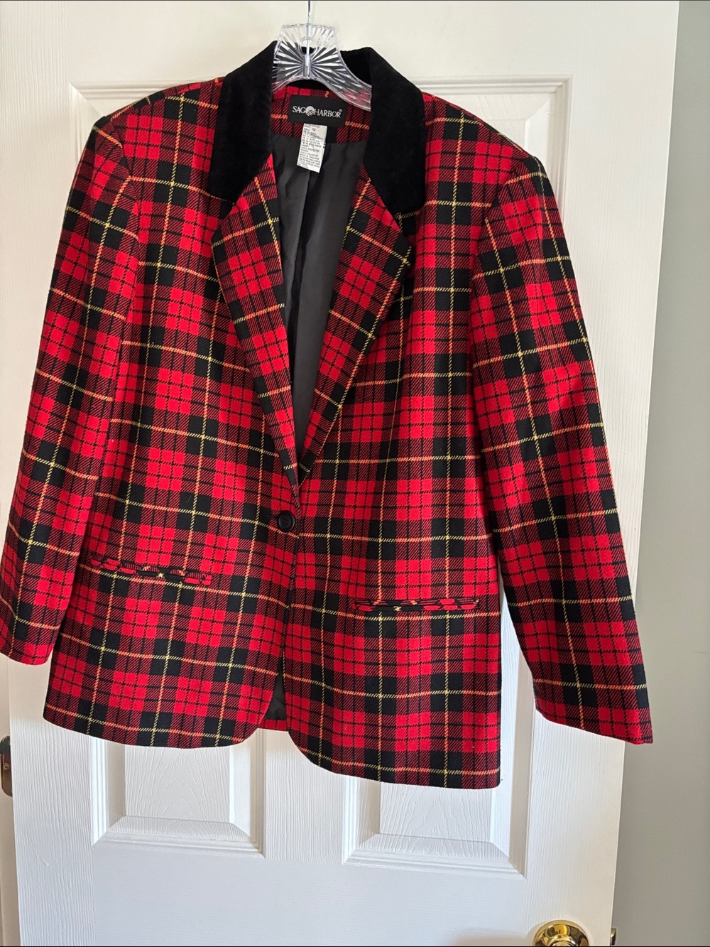 Sag Harbor Red and Black Plaid Blazer with Velvet Collar